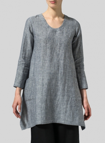Two Tone Navy White Linen Long Sleeve Top
