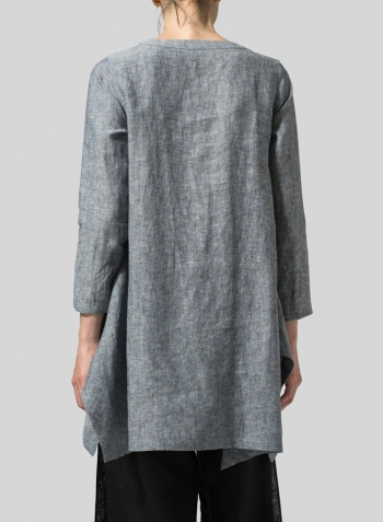 Two Tone Navy White Linen Long Sleeve Top