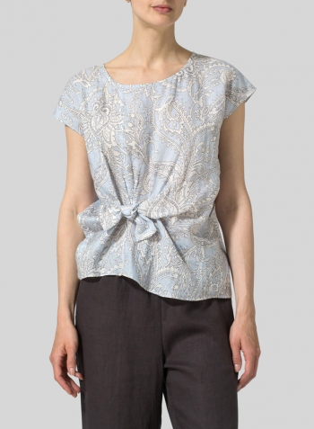 Blue Paisley Waves Linen Printed Waist Self-tied Ribbon Top