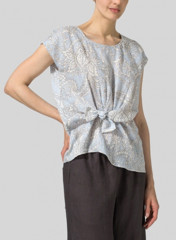 Blue Paisley Waves Linen Printed Waist Self-tied Ribbon Top