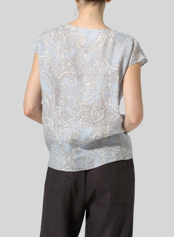 Blue Paisley Waves Linen Printed Waist Self-tied Ribbon Top