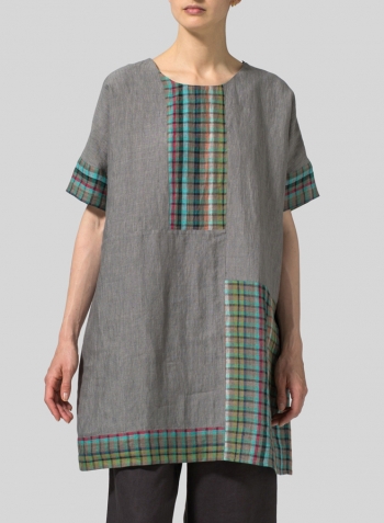 Gray Multi Green Check Linen Oversize Patchwork Tunic