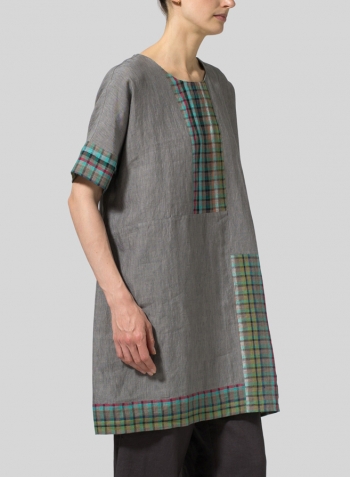 Gray Multi Green Check Linen Oversize Patchwork Tunic
