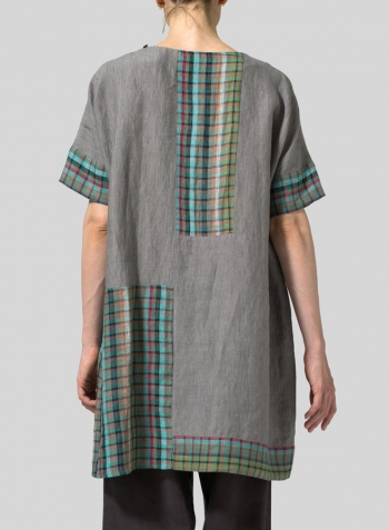 Gray Multi Green Check Linen Oversize Patchwork Tunic