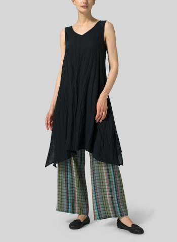 Black Linen Sleeveless Crumple Effect Long Blouse