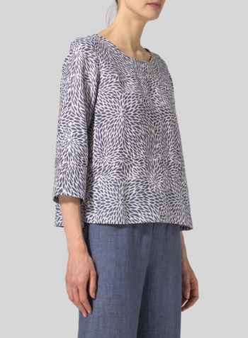 Blue White Pattern Linen Relaxed Fit Boat Neck Top