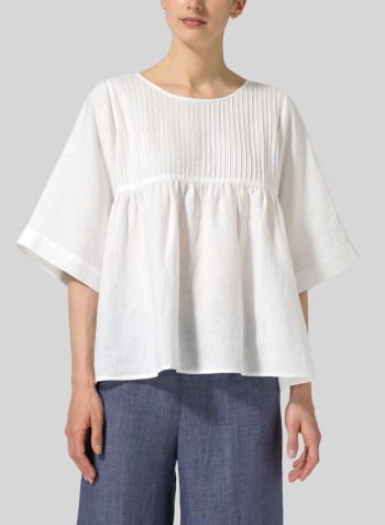 White Linen Hand-Made Pleated Bell Sleeve Blouse