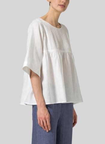 White Linen Hand-Made Pleated Bell Sleeve Blouse