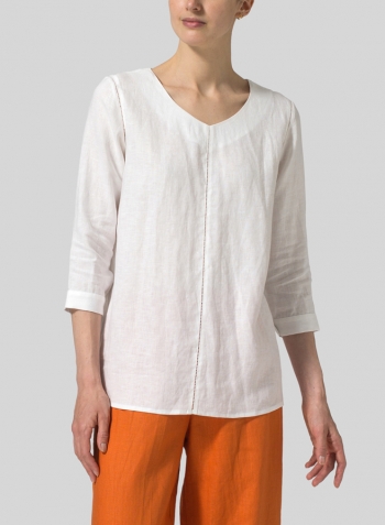 White Linen Regular Fit Embroidered V-Neck Top