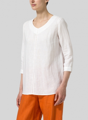 White Linen Regular Fit Embroidered V-Neck Top