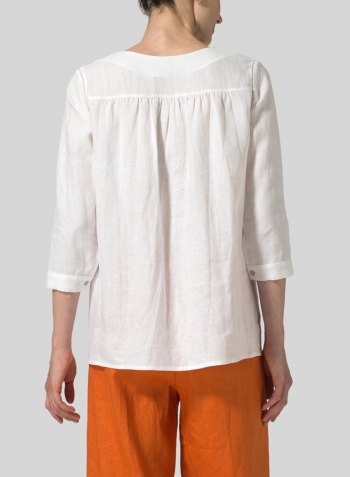 White Linen Regular Fit Embroidered V-Neck Top