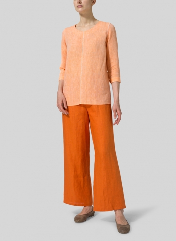 Two Tone Orange Linen Regular Fit Embroidered V-Neck Top