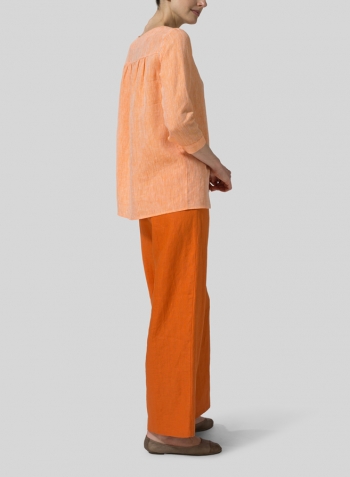 Two Tone Orange Linen Regular Fit Embroidered V-Neck Top