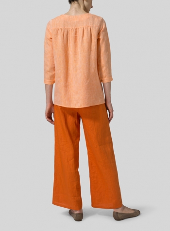 Two Tone Orange Linen Regular Fit Embroidered V-Neck Top