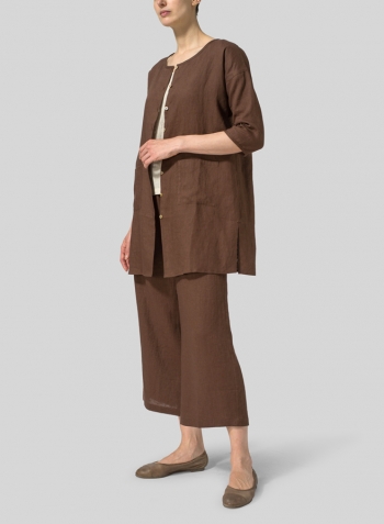 Brown Linen Round Neck Button Front Top Set