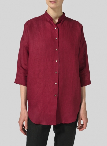 Burgundy  Linen Mandarin Collar Full Button Long Shirt