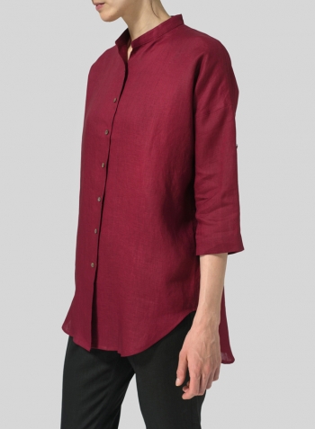 Burgundy  Linen Mandarin Collar Full Button Long Shirt