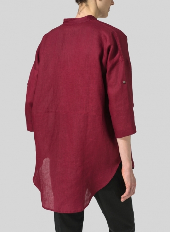 Burgundy  Linen Mandarin Collar Full Button Long Shirt