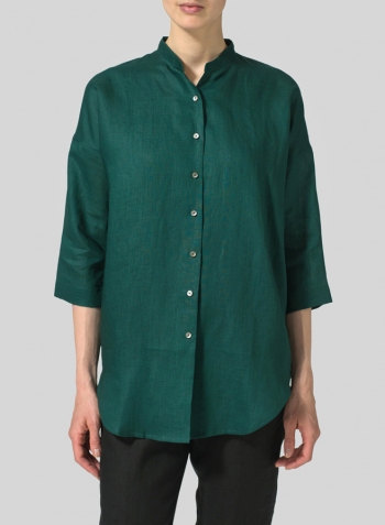 Dark Jade Linen Mandarin Collar Full Button Long Shirt