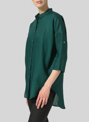 Dark Jade Linen Mandarin Collar Full Button Long Shirt