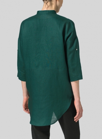 Dark Jade Linen Mandarin Collar Full Button Long Shirt