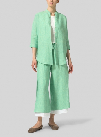 Linen Mandarin Collar Drop-shoulder Long Shirt Set