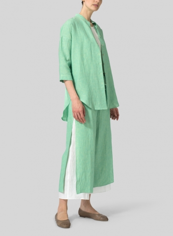 Linen Mandarin Collar Drop-shoulder Long Shirt Set