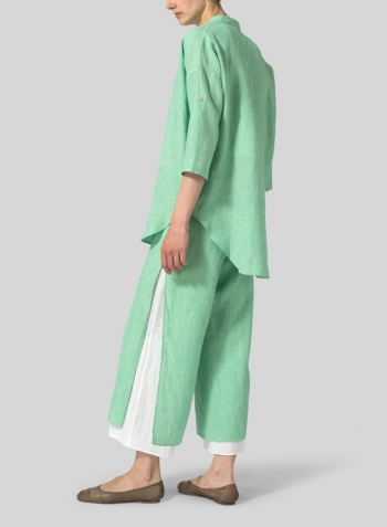 Linen Mandarin Collar Drop-shoulder Long Shirt Set