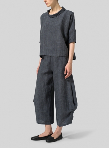 Charcoal Linen Band Collar Boxy Top
