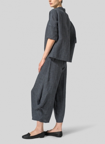 Charcoal Linen Band Collar Boxy Top