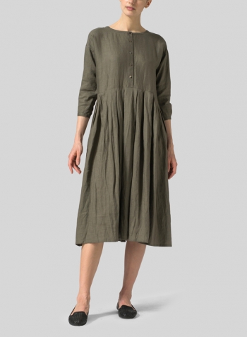 Olive Green Linen Pleated Loose Long Dress