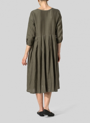 Olive Green Linen Pleated Loose Long Dress