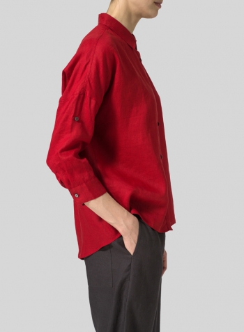 Red Linen Crop Sleeve Boxy Shirt