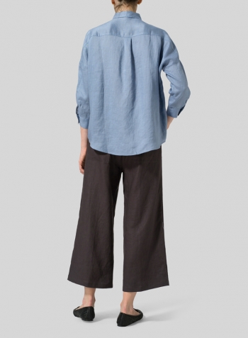 Blue Linen Crop Sleeve Boxy Shirt