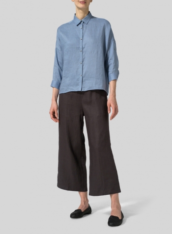 Blue Linen Crop Sleeve Boxy Shirt