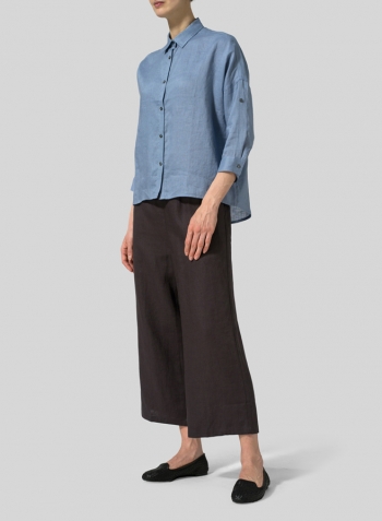 Blue Linen Crop Sleeve Boxy Shirt