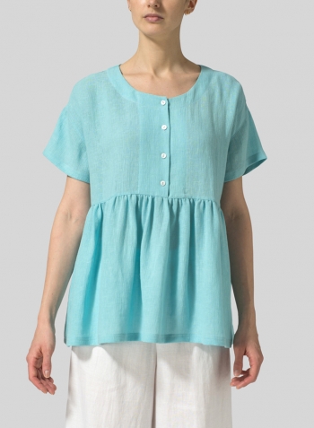 Turquoise Linen Dropped Shoulder Round Neck Top