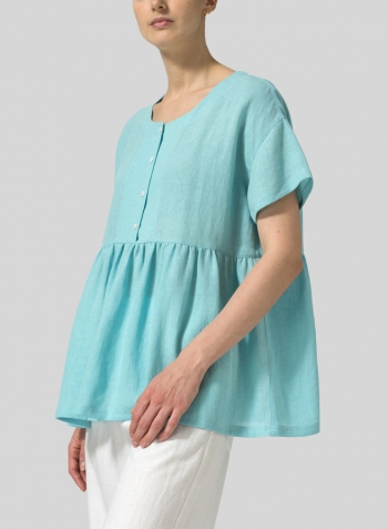 Turquoise Linen Dropped Shoulder Round Neck Top