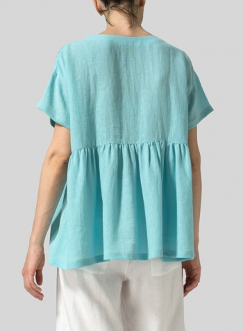 Turquoise Linen Dropped Shoulder Round Neck Top