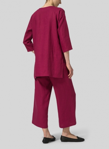 Claret Violet Linen Scoop Neck Tunic Set