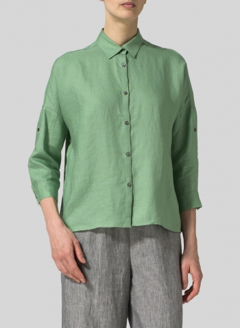 Green Linen Crop Sleeve Boxy Shirt