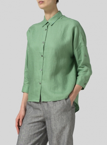 Green Linen Crop Sleeve Boxy Shirt