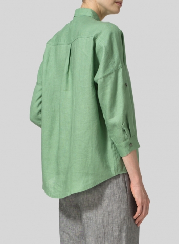 Green Linen Crop Sleeve Boxy Shirt