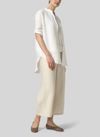 White Linen Mandarin Collar Drop-shoulder Long Shirt Set