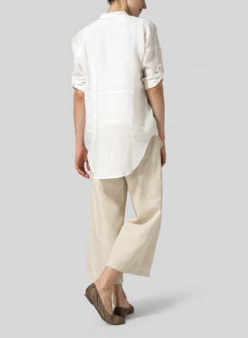 White Linen Mandarin Collar Drop-shoulder Long Shirt Set