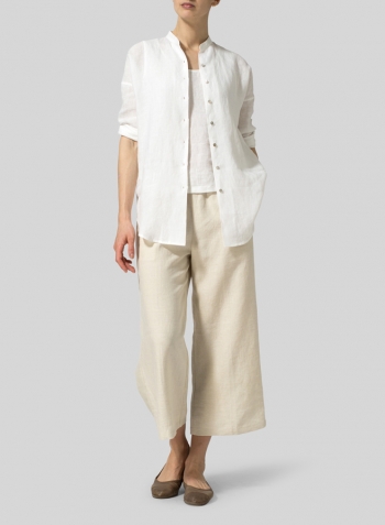 White Linen Mandarin Collar Drop-shoulder Long Shirt Set