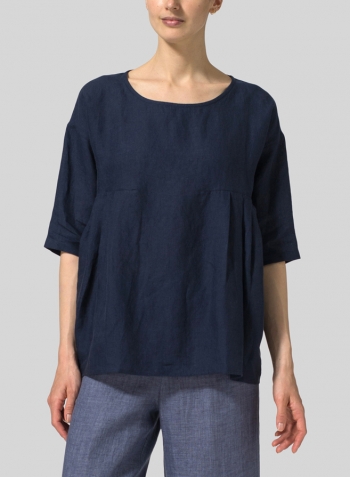 Midnight Blue Linen Dropped Shoulder Pleated Box Top