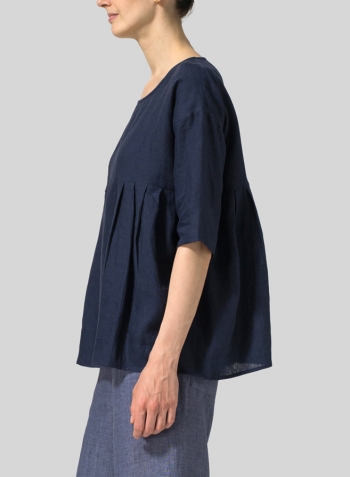 Midnight Blue Linen Dropped Shoulder Pleated Box Top