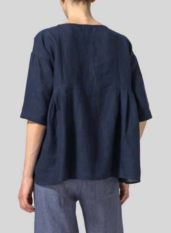 Midnight Blue Linen Dropped Shoulder Pleated Box Top