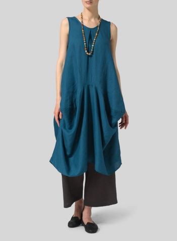 Peacock Blue Linen Sleeveless Draped Dress Set